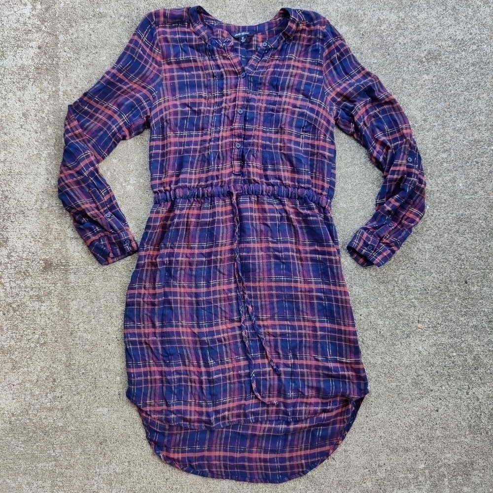 Lucky Brand Navy & Gold Shimmer Plaid Fall Lightweight Shirt Dress – Size Medium